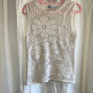 Zara Beige Floral Knit Tank Top